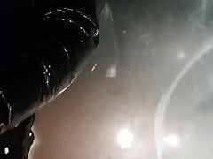 Nasty tranny sucks dildo on a bus stop
