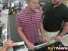 Handsome guy given money to fuck two homo pawn shop workers