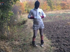 Encasement in Fishnet Gimp Outfit, Micro-Skirt, Hoodie