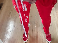 Mirror cum in red tights, stockings and heels