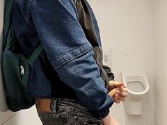 Very hot risky jerk off in public toilet