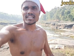 Torrid santa claus in public outdoor advanture with gigantic rod