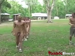 Multiple twinks exercising nude & giving blowjobs outside