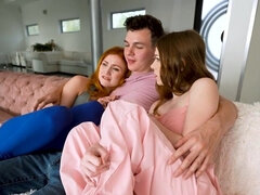 A redhead and abrunette have a night with their stepbro