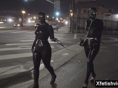 Steamy babes latex and chains in fetish femdom action cumshot