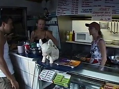 The owner of a snack bar has a surprise for her trucker boys: today they are going to fuck her stepdaughter