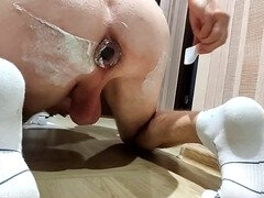 Bald Shy Racoon enjoys feminization and plays with a circumcised cock