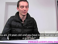 Olivia, the shy MILF, gets her last chance to lose her virginity with a hot interview and blowjob from her horny agent.