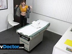 Slim blond patient lets perv doctor and his hot butt nurse to open up her narrow teen snatch