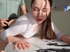 Amateur, Sucer une bite, Éjaculation interne, Queue, Lunettes, Russe, Rasée, Maigrichonne