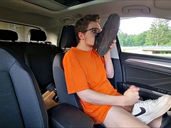 Played with shoes and his dick in the car