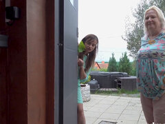 Group of grandmas watch as they take turns sucking two cocks