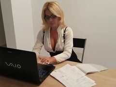 Horny secretary surprised by her staff fucking her pussy in the office