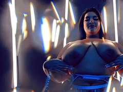 Enthousiasteling, Mooi, Grote mammen, Mollig, Seksspeelgoed, Gigantische dildo, Masturbatie, Rijpe lesbienne