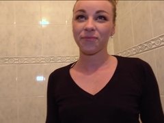 Angel Emily swallows a mouthful after fucking in a public bathroom