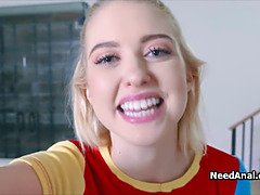 Sticking huge dildo in blonde teen ass before dick