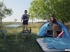 Two European lesbians fucking all over the camping site