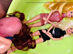Small penis cums and pisses on Barbie dolls - Golden shower on dolls