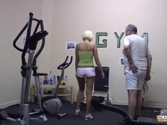 grandpa gym drill - blonde with perky tits driller by older fat guy