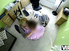 Watch this stunning babe gulp down a huge cock & take it hard in the office