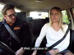 Busty Eurobabe riding instructor in car until cumshot