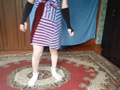 Frisky femboy flashing morning routine in apartment mirror