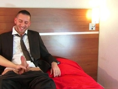 innocent handsome salesman shows to us his huge cock in a gay porn