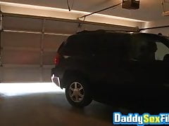 Inked daddy uses toys to stroke his throbbing dick in a car