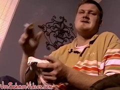 Curly hair straighty working on his meaty beefstick solo