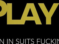 Suited men David Linset and Gustavo Cruz bareback with Steve Jouret