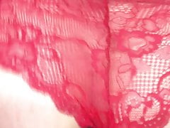 Creampie in red Lacey panties big black dildo