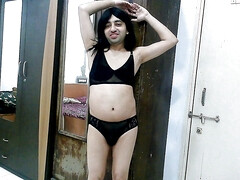 Sexy sissy crossdresser femboy Sweet Lollipop in sexy black lingerie.