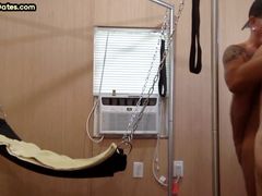 Gloryhole DILF sucks Black cock be4 fucked by white in sling