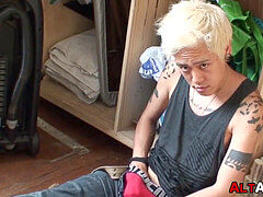 japanese goth working on his ass and wood with pleasure