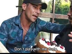 Inked Latinos find a private spot outside for anal sex