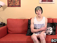 youthfull guy with make-up masturbating and using an adult toy