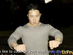 Muscled Japanese Kosuke plays with his taut bum while jerking his monstrous penis