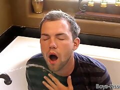 Cute bottom gay Preston Ettinger peed on and fucked in orgy