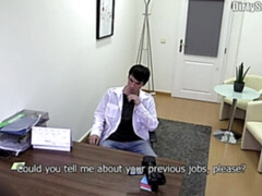 Scrawny hottie jerking off in an office chair