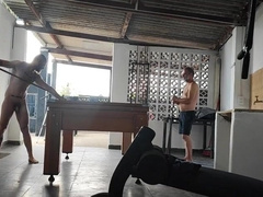 Camera films 2 hetero boys frolicking pool bare.