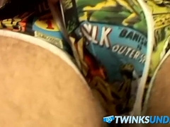 Muscular stud stroking his dick solo style in some undies