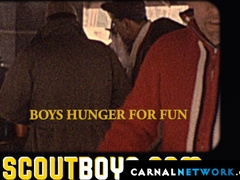 Scoutmasters Ace Banner and Adam Snow bang the two young twinks in the tent