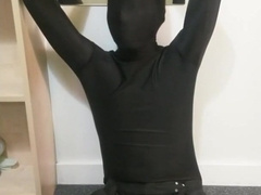 Zentai self restrain bondage, stroking machine and post ejaculation