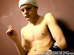kinky youthful smoker jerks off before blasting a geyser of jizz