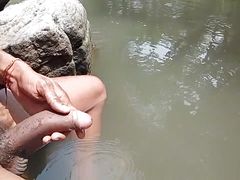 Asian man cock is so Hungry then punching by water