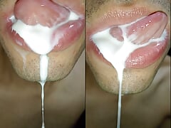 Cum in my mouth, play with your cum, and swallow it, close-up, naughty gay, tongue, sloopy, hot and submissive trans