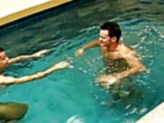 Gay latino sucking dick and eating cum in the pool