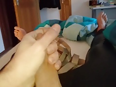Cum on her cute designer wedges while wearing her leggings