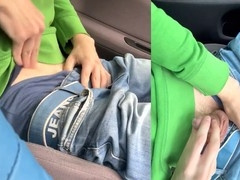 Wild outdoor handjob session in the car with some serious jizz action