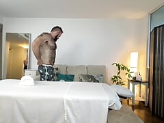 Hairy stud got excited during massage with a new masseur.